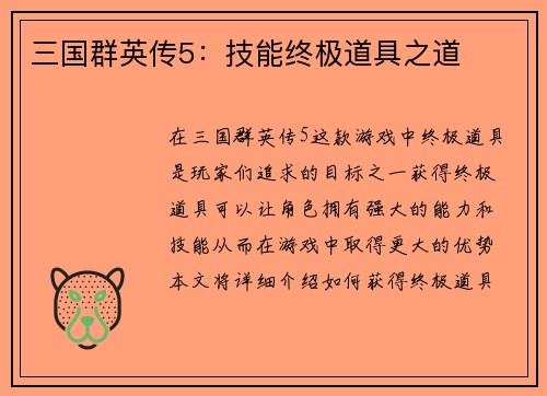 三国群英传5：技能终极道具之道
