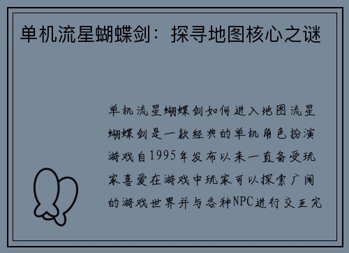 单机流星蝴蝶剑：探寻地图核心之谜